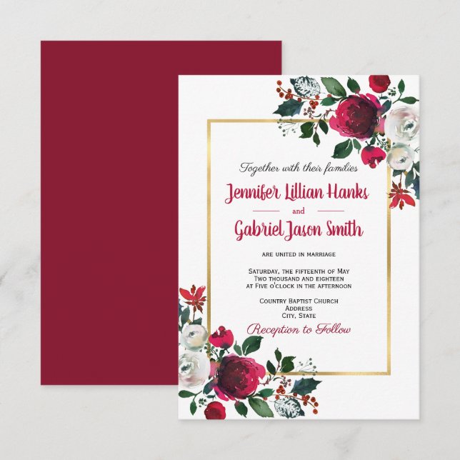 Burgundy watercolor rose floral gold frame wedding invitation (Front/Back)