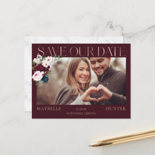Burgundy Watercolor Rose Gold Save Our Date Photo Announcement Postcard