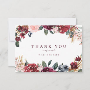 Burgundy watercolor rustic boho floral thank you card