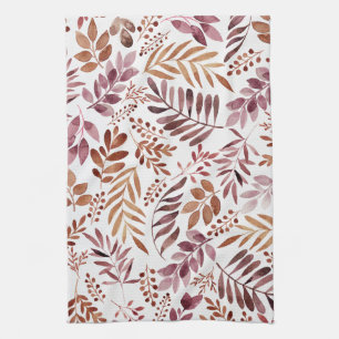 Burgundy Watercolor Rustic Leaves  Tea Towel