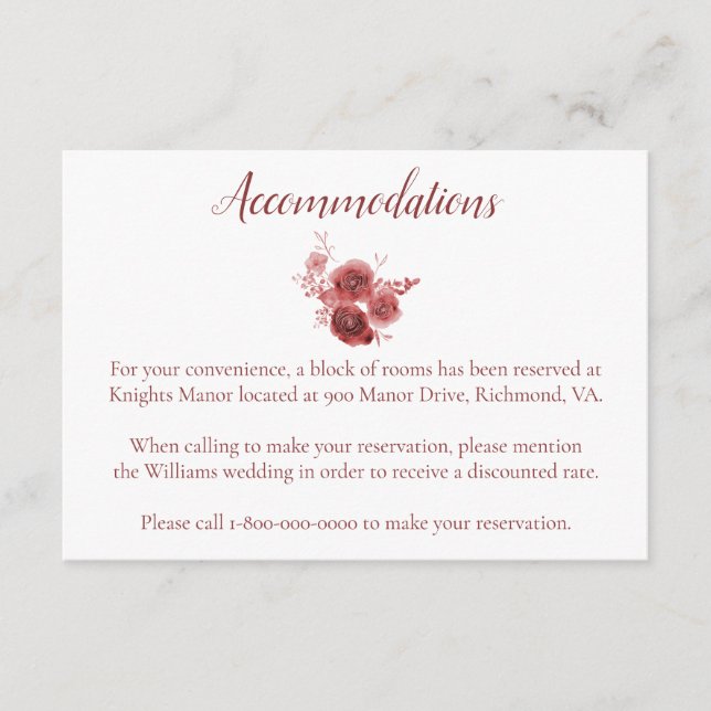 Burgundy Watercolor wedding accommodations Enclosure Card (Front)