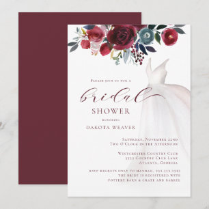 Burgundy Watercolor Wedding Dress Bridal Shower  Invitation