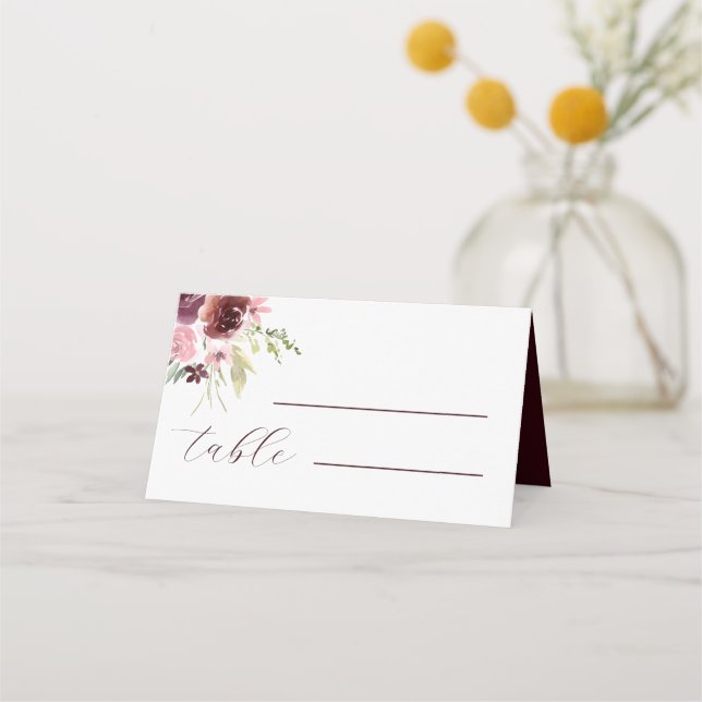 Burgundy Watercolor Wedding Floral Place Card (Front)