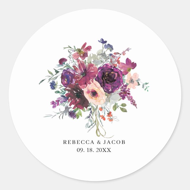 Burgundy Watercolor Wildflowers Boho Wedding Classic Round Sticker (Front)