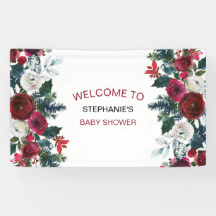 Burgundy Watercolor Winter Flowers Birthday Banner