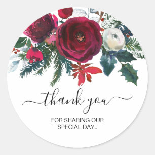 Burgundy Watercolor Winter Flowers Thank You Classic Round Sticker