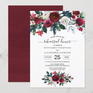 Burgundy Watercolor Winter Flowers Wedding Invitation