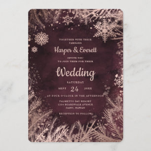 Burgundy Watercolor with Rose Gold Winter Wedding Invitation