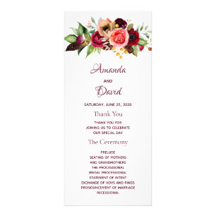Burgundy watercolored florals boho wedding program rack card
