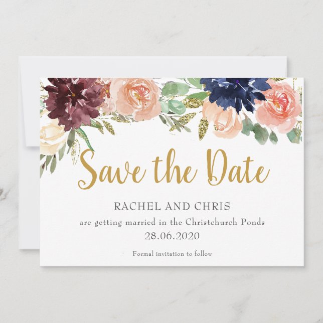 Burgundy Watercolour Fall Wedding Save The Date Invitation (Front)