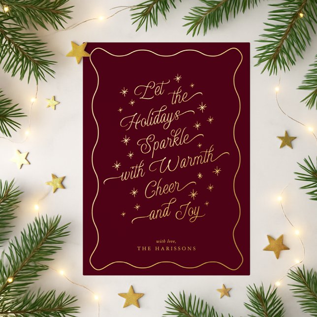 Burgundy Wavy Border Sparkle Modern Holiday card (Creator Uploaded)