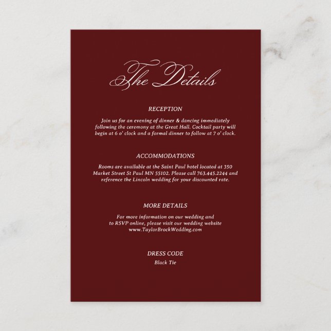 Burgundy Wedding Details Enclosure Card (Front)
