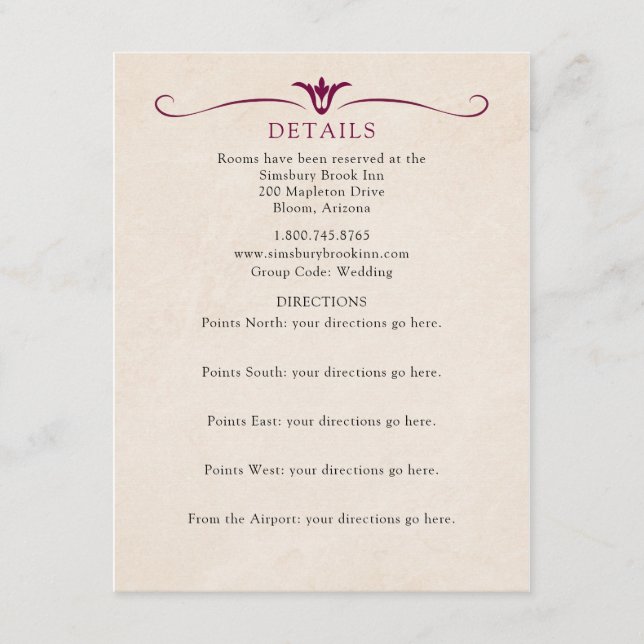 Burgundy Wedding Details Information Card (Front)