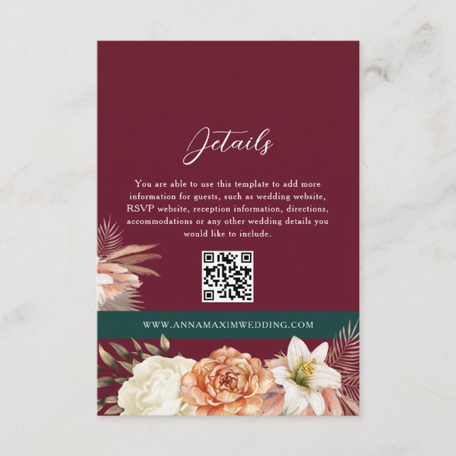 Burgundy Wedding Details QR Code Card (Front)
