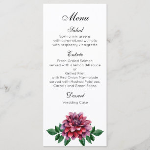 Burgundy wedding dinner menu. Dahlias menu party