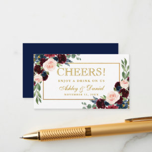 Burgundy Wedding Drink Ticket Card Blue Gold