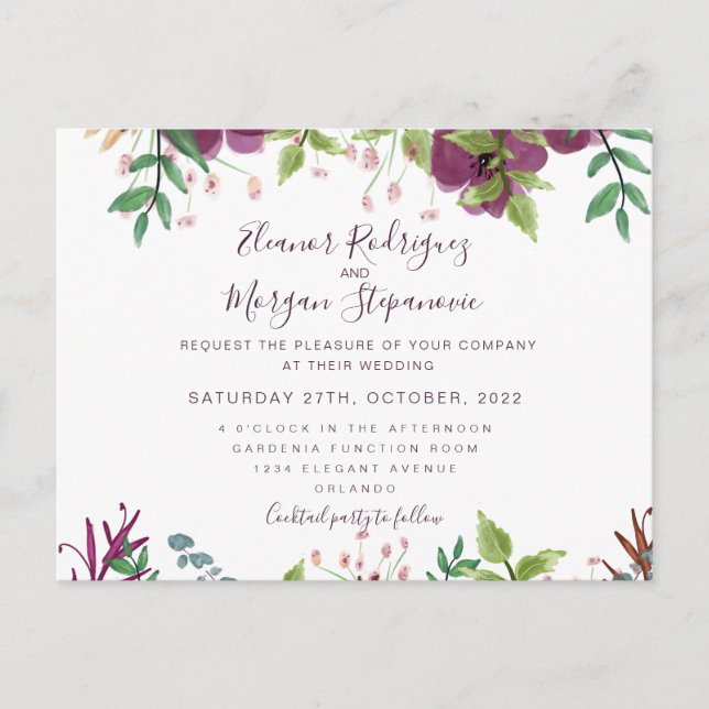 Burgundy wedding floral script invitation postcard (Front)