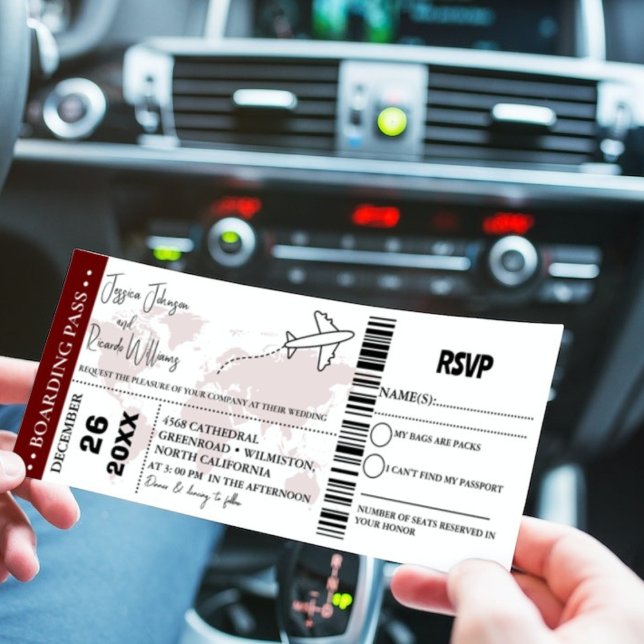 Burgundy Wedding invitation Boarding pass ticket (Creator Uploaded)