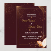 Burgundy wedding invitation with gold colours