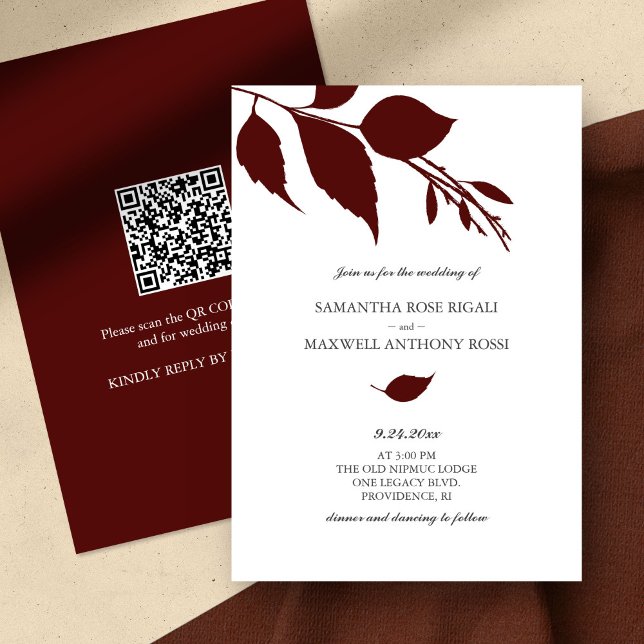 Burgundy Wedding Invitation with QR Code (QR code fall wedding invitation botanical burgundy leaves minimalistic)