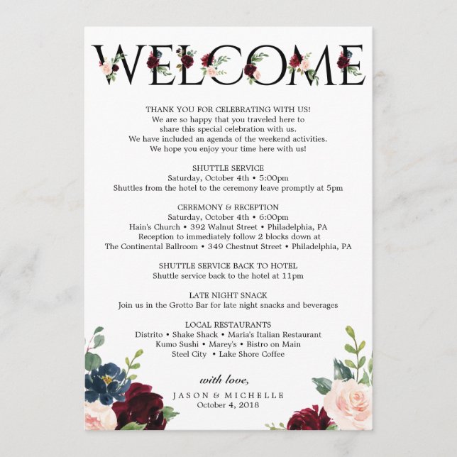 Burgundy Wedding Itinerary - Bachelorette Welcome Programme (Front)