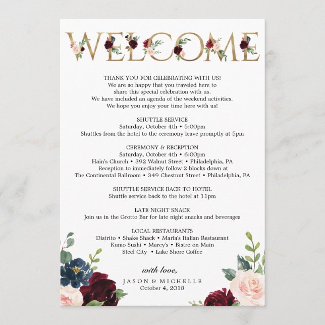 Burgundy Wedding Itinerary - Bachelorette Welcome Programme (Front)