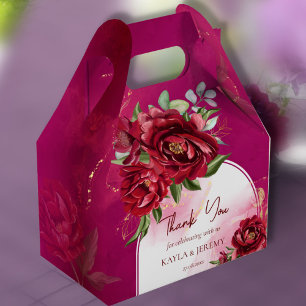 Burgundy wedding maroon flowers modern arch favour box