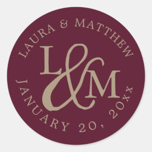 Burgundy Wedding Monogram Classic Round Sticker