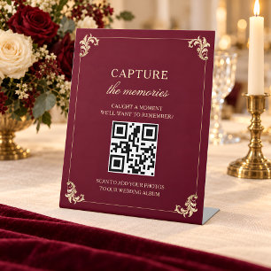 Burgundy Wedding Photo QR Code Pedestal Sign