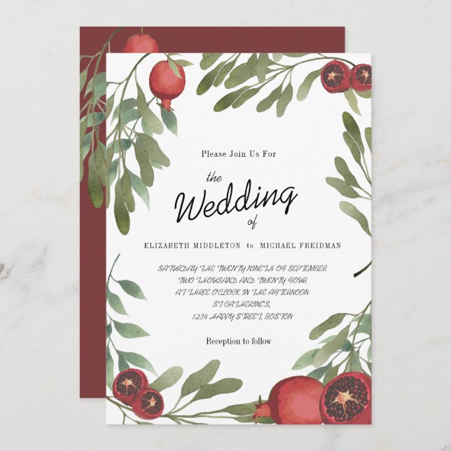 Burgundy Wedding  Pomegranates Botanical Leaves Invitation (Front/Back)