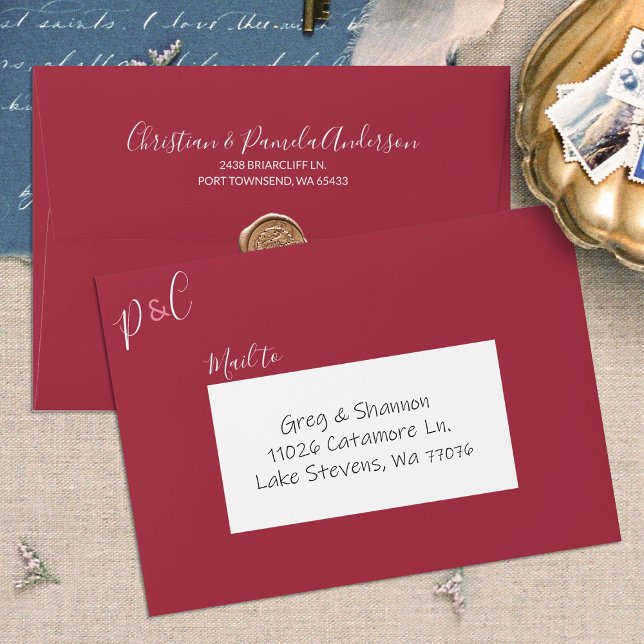 Burgundy Wedding Pre-addressed 5x7 Monogram Envelope (Burgundy Red Wedding Envelope, Return Address Printed Back Flap, Couple's Initials Monogram Script)