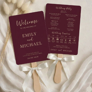 Burgundy Wedding Program Timeline Elegant Modern Hand Fan