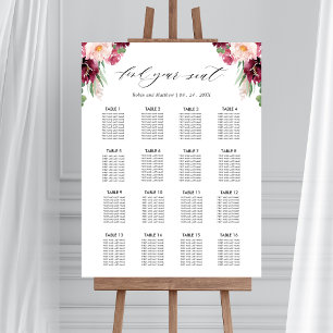 Burgundy Wedding Reception 16 Seating Chart Sign
