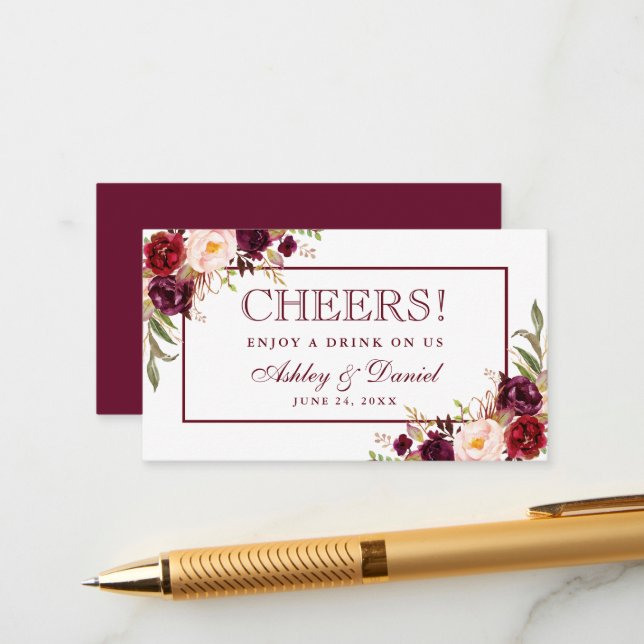 Burgundy Wedding Reception Drink Ticket Card (Front/Back In Situ)