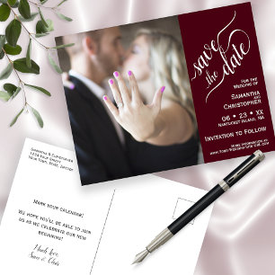 Burgundy Wedding Save the Date Photo & Calligraphy Announcement Postcard