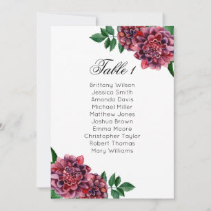 Burgundy wedding seating chart. Dahlias table plan Invitation