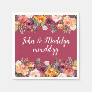 Burgundy Wedding Serviette Personalised Floral Napkin