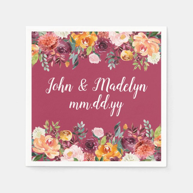 Burgundy Wedding Serviette Personalised Floral Napkin (Front)
