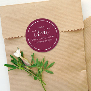 Burgundy Wedding Simple Calligraphy Script Treat Classic Round Sticker