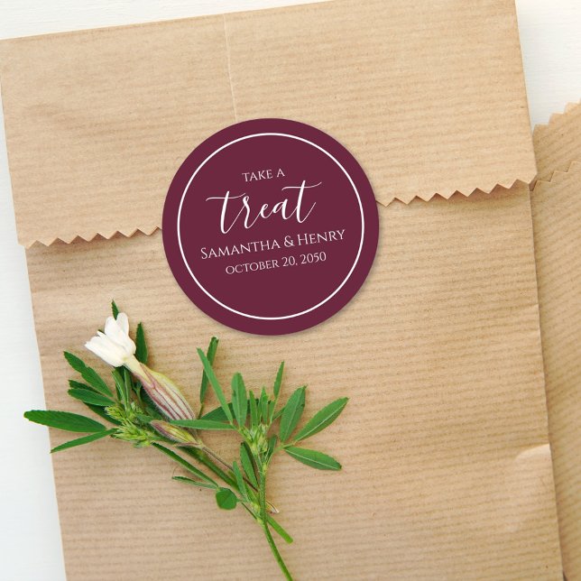 Burgundy Wedding Simple Calligraphy Script Treat Classic Round Sticker (Creator Uploaded)