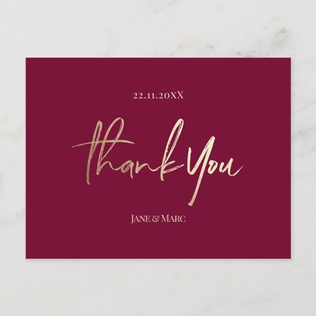 Burgundy Wedding Thank You Cards Elegant Script (Front)