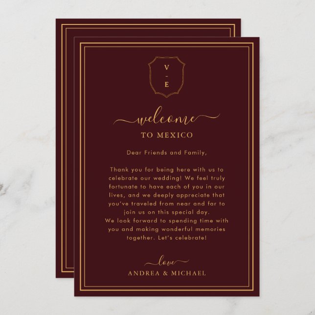 Burgundy Wedding Welcome Letter & Itinerary Card (Front/Back)