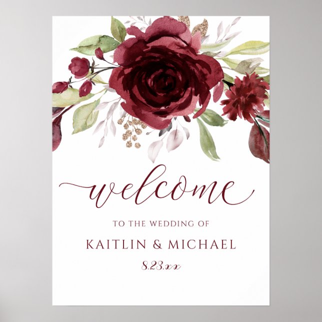 Burgundy Wedding Welcome Sign Wine Watercolor (Front)