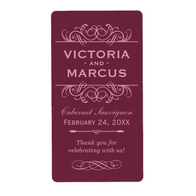 Burgundy Wedding Wine Bottle Monogram Favour Label (Front)
