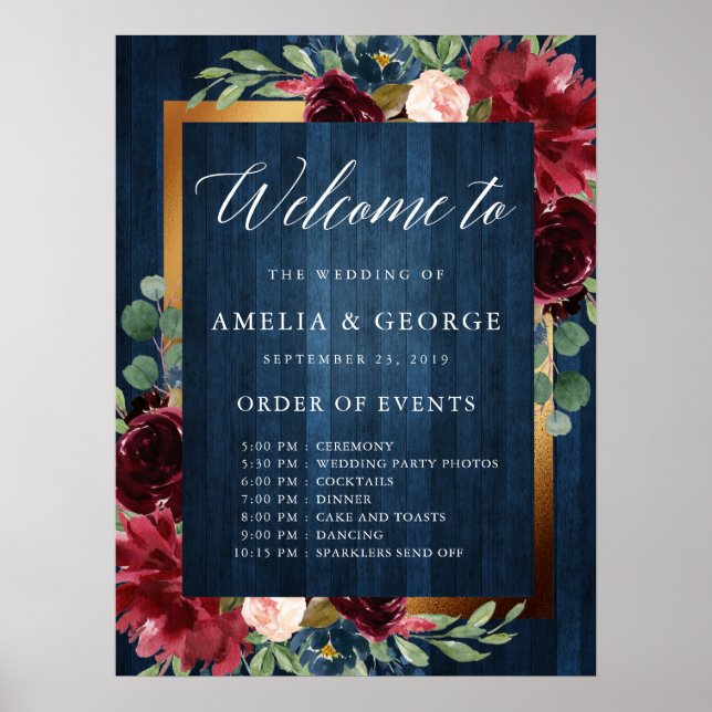 Burgundy welcome order of events wedding sign (Front)