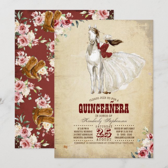 Burgundy Western Quinceañera - 15th Birthday Invitation (Front/Back)