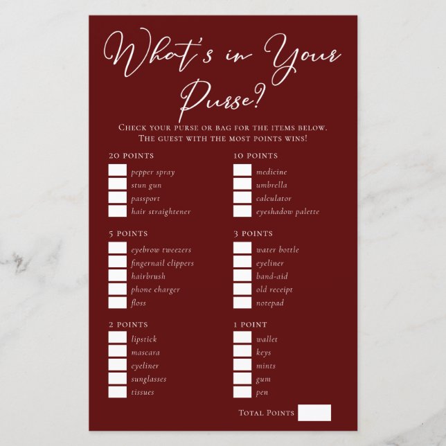 Burgundy What's in Your Purse Bridal Shower Game (Front)
