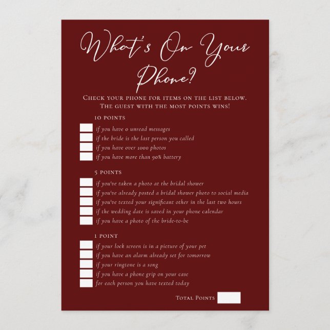 Burgundy What's On Your Phone Bridal Shower Card (Front)