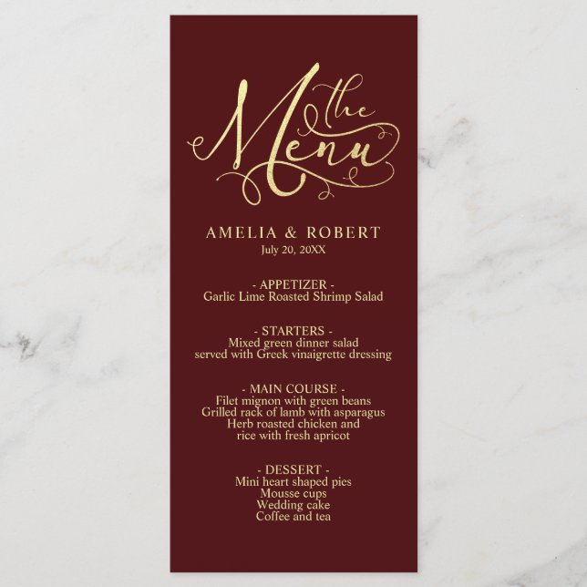 Burgundy Whimsical Elegant Gold Calligraphy Menu (Front)