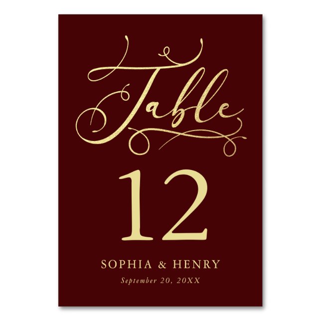 Burgundy Whimsical Gold Calligraphy Table Number (Front)